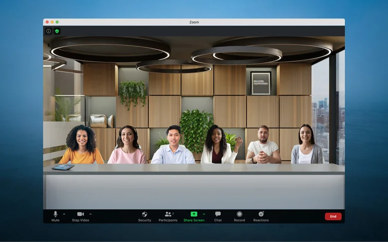 Visual for this record: Zoom's immersive view composites faces onto one backdrop