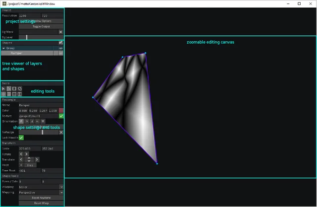 Original Kantan Mapper documentation screenshot showing mapping shapes, texture assignment and editing controls.