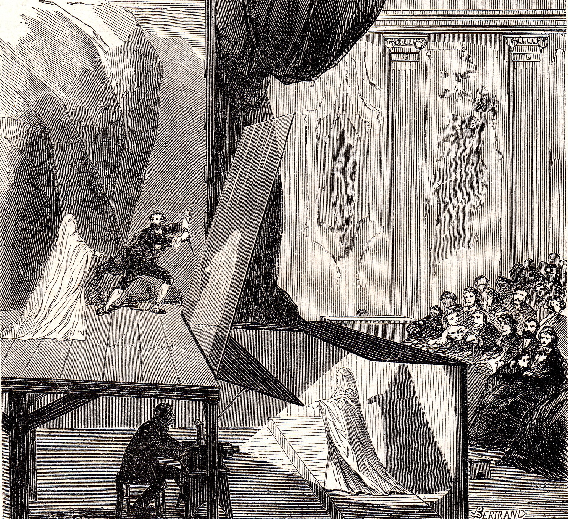 An 1865 engraving of Pepper’s Ghost showing the hidden performer, reflective pane, stage, and audience.