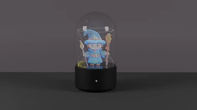 The current VX2 product visual showing luminous character content inside a cylindrical display enclosure.